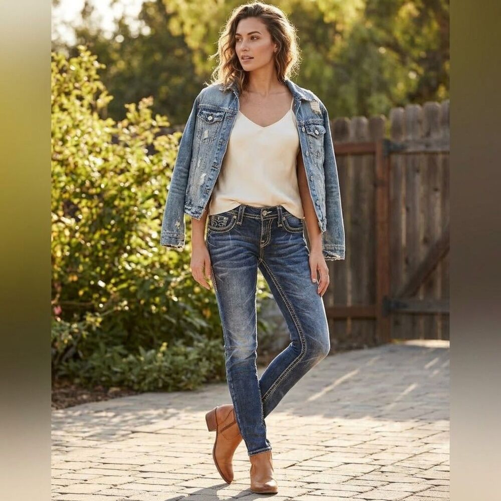 Rock Revival Anabela Skinny Jeans Womens 27 Low Rise Embroidered Y2K Fade Model